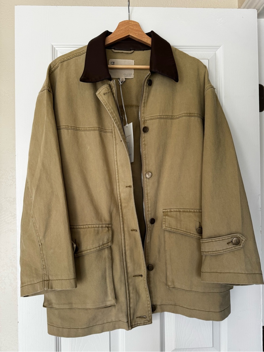 Pilcro Beige Utility Barn Jacket with Brown Faux-Leather Collar - Picture 3 of 6
